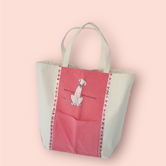 I Kiss My Dog Fun Beach Canvas Pet Lover Tote Coral on Tan NEW - Picture 1 of 13